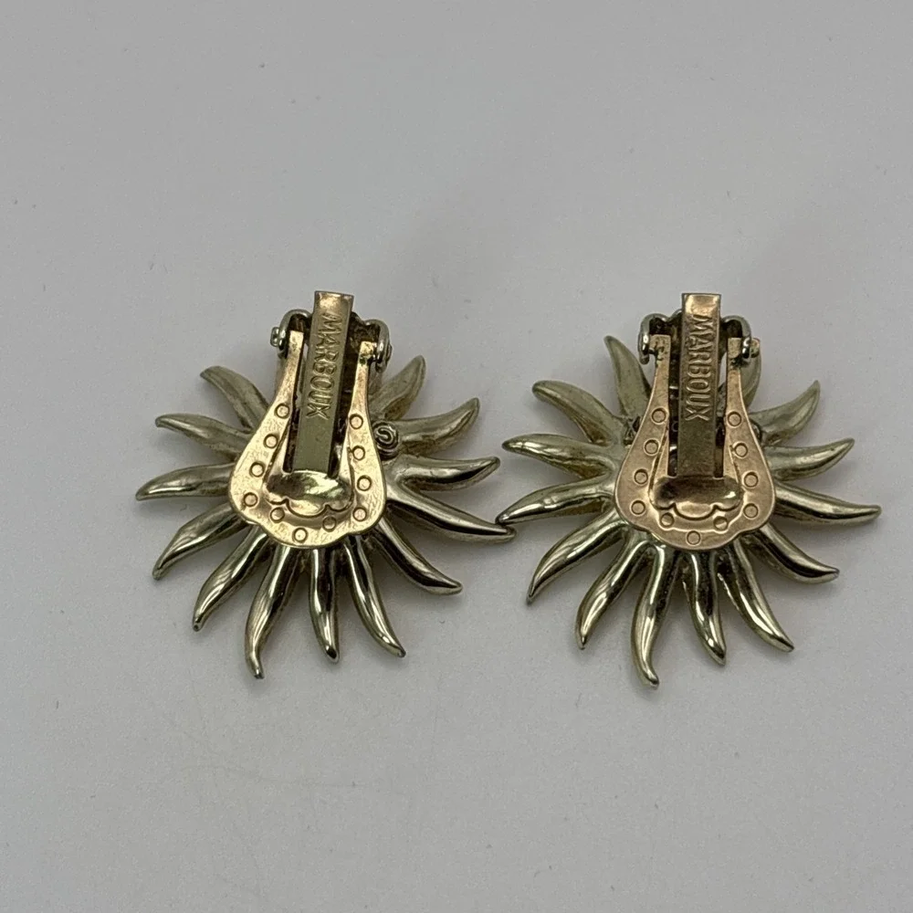Vintage Marboux Clip On Gold Tone Earrings Sun Sunburst Flower Rhinestones